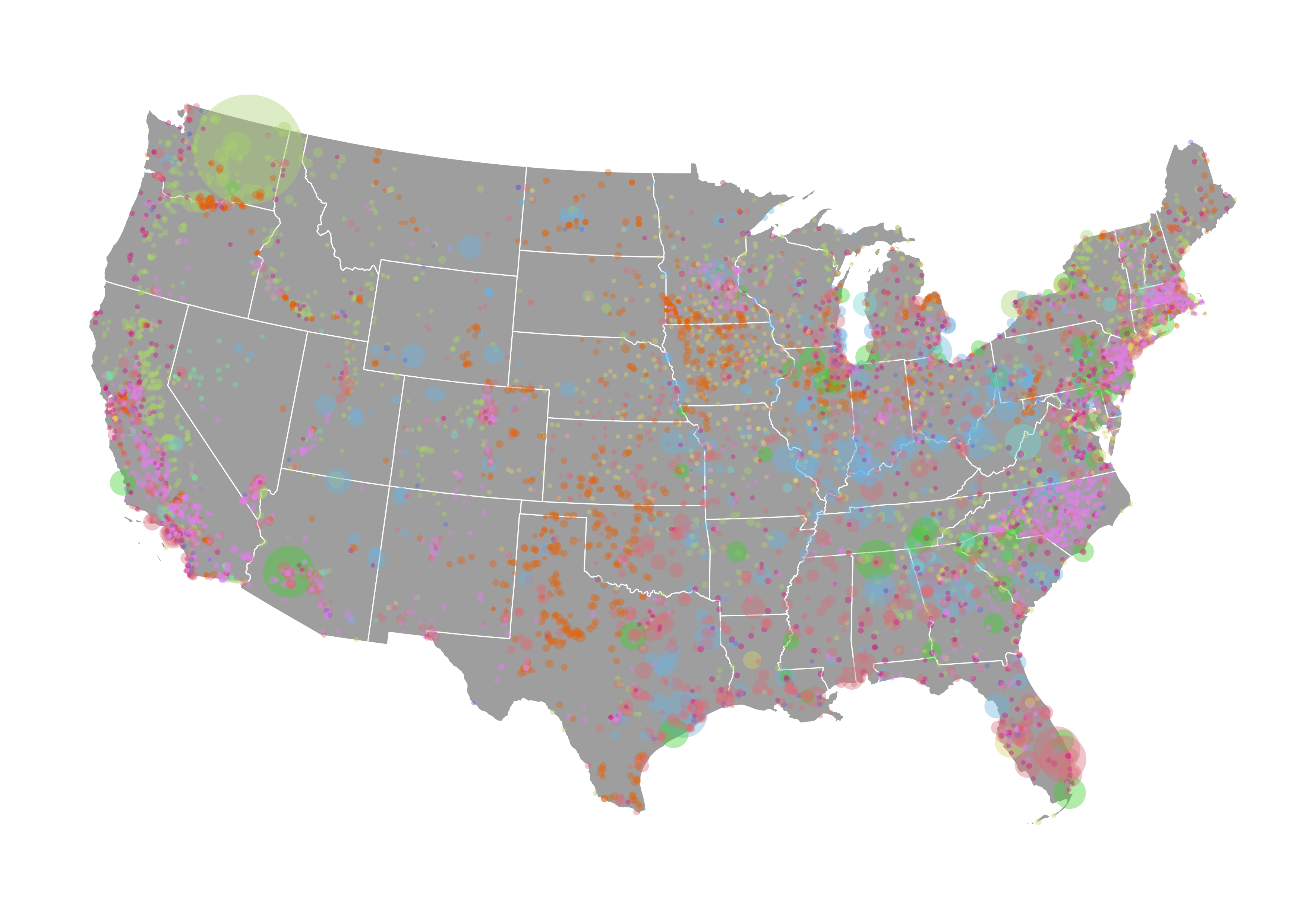 Coloured bubble map showing source of each power plant's energy and total output